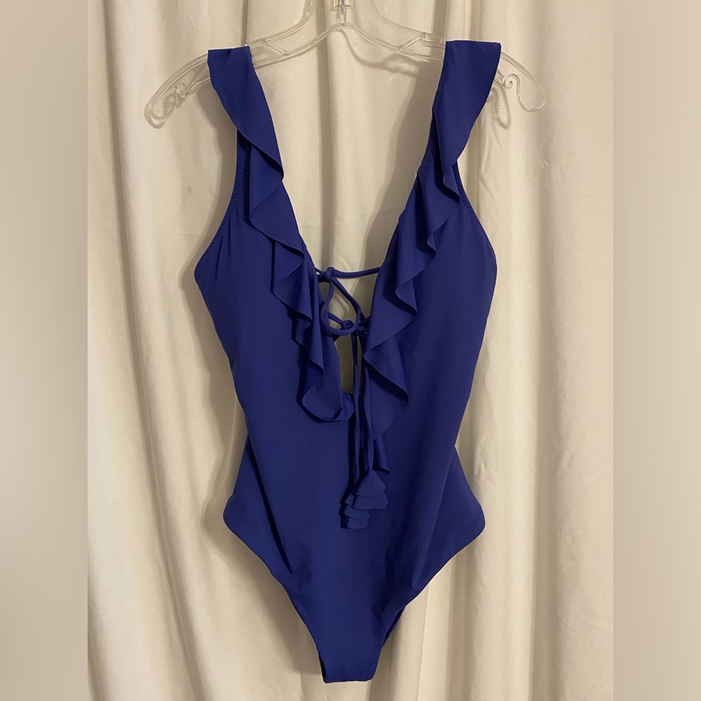 BECCA Socialite Royal Blue Ruffled Deep V Tie Front Low Open Back Swimsuit Sz L